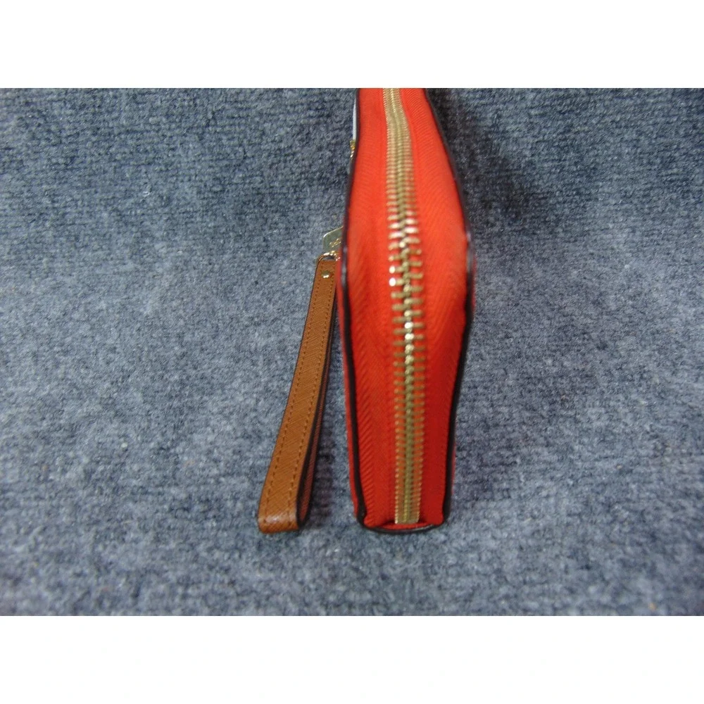 Michael Kors Orange White Stripe Zip Around Wristlet Wallet Clutch Gold Hardware - Picture 4 of 15